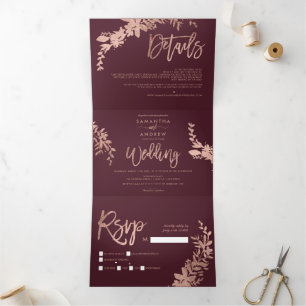 Rose gold Floral burgundy elegant script wedding Tri-Fold Invitation