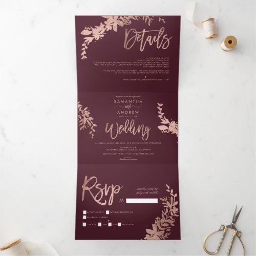 Rose gold Floral burgundy elegant script wedding Tri_Fold Invitation