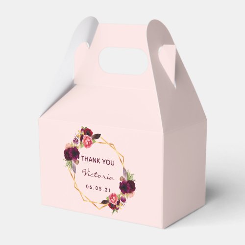 Rose gold floral burgundy geometric bridal shower favor boxes