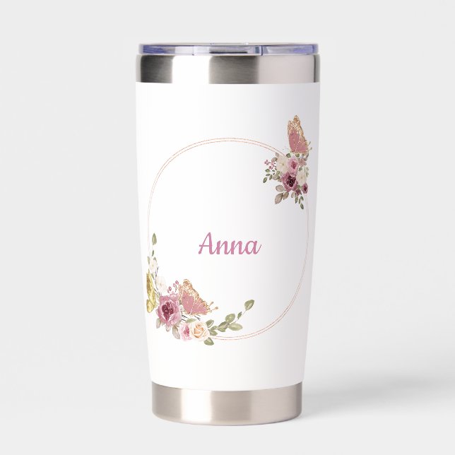 Rose Gold Floral Butterfly - Custom Name Insulated Tumbler (Front)