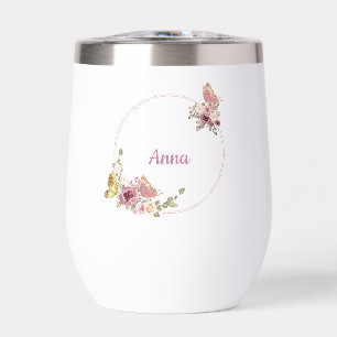Rose Gold Floral Butterfly Custom Text Thermal Wine Tumbler