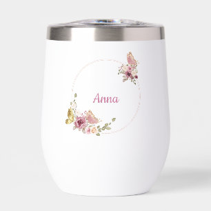 Rose Gold Floral Butterfly Custom Text Thermal Wine Tumbler