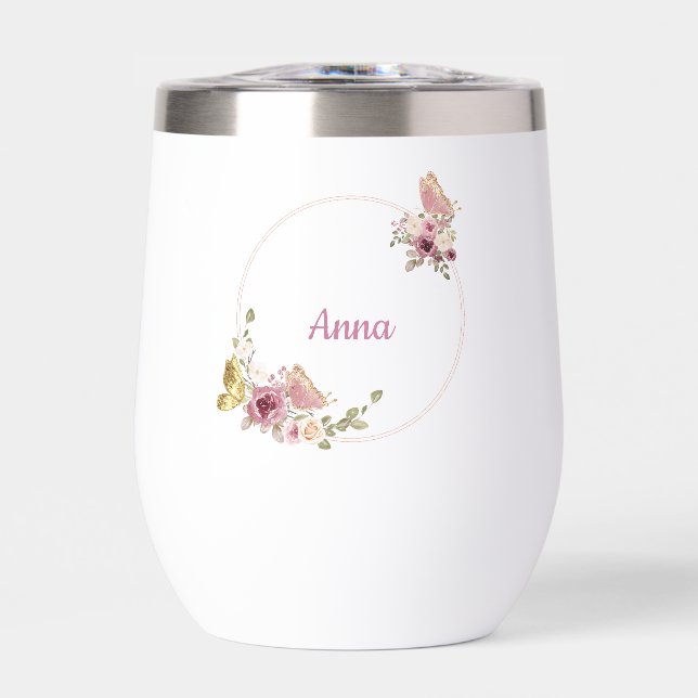 Rose Gold Floral Butterfly Custom Text Thermal Wine Tumbler (Front)