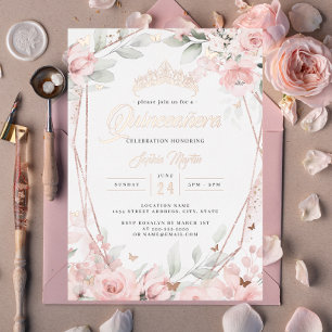 Rose Gold Floral Butterfly Pink Quinceanera Foil Invitation