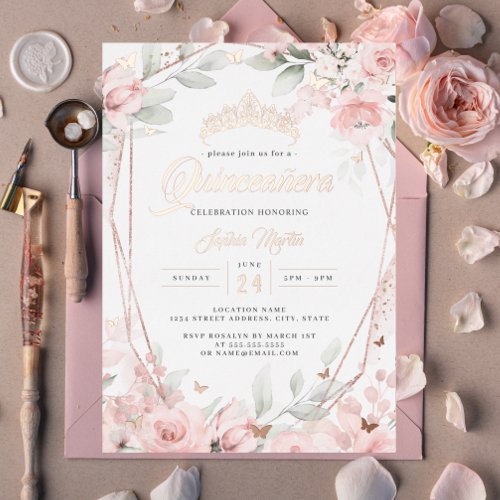 Rose Gold Floral Butterfly Pink Quinceanera  Foil Invitation