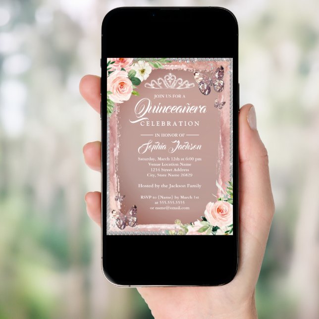 Rose Gold Floral Butterfly Sparkle Quinceanera Invitation (Front Digital)