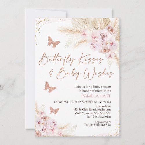 Rose Gold Floral Butterly Kisses Baby Shower Invitation