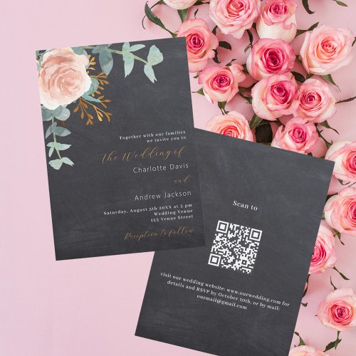 Rose gold floral chalkboard QR RSVP wedding Invitation