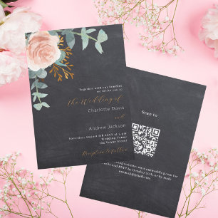 Rose gold floral chalkboard QR RSVP wedding Invitation