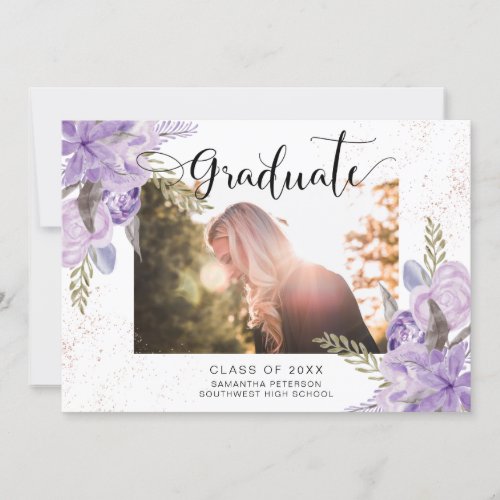 Rose gold floral chic lavender graduation photo announcement