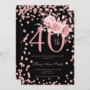 Rose Gold Floral & Confetti 40th Birthday Black  Invitation