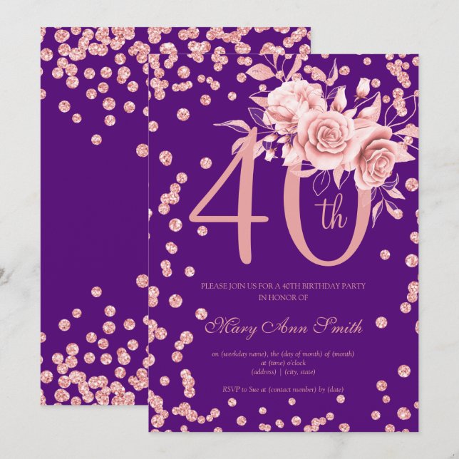 Rose Gold Floral & Confetti 40th Birthday Purple  Invitation (Front/Back)