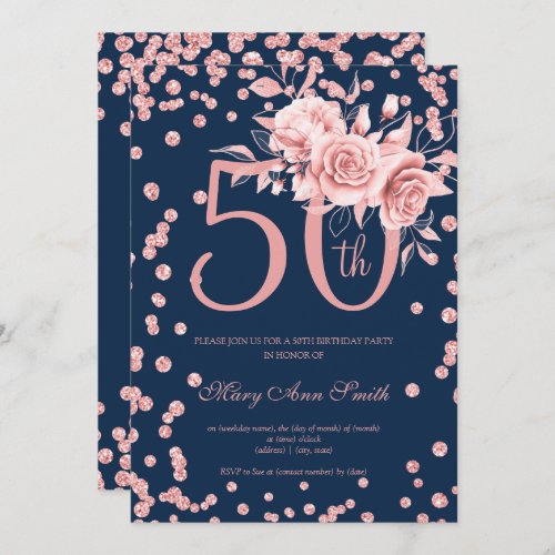 Rose Gold Floral  Confetti 50th Birthday Navy  Invitation