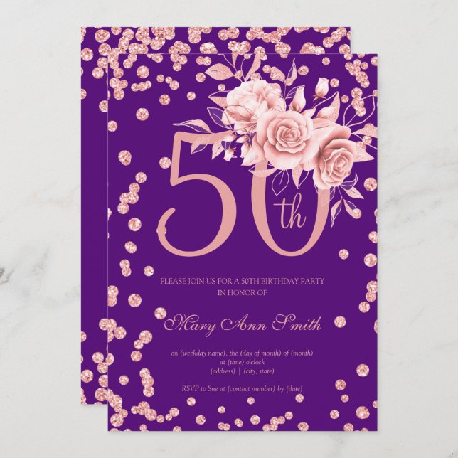Rose Gold Floral & Confetti 50th Birthday Purple  Invitation (Front/Back)