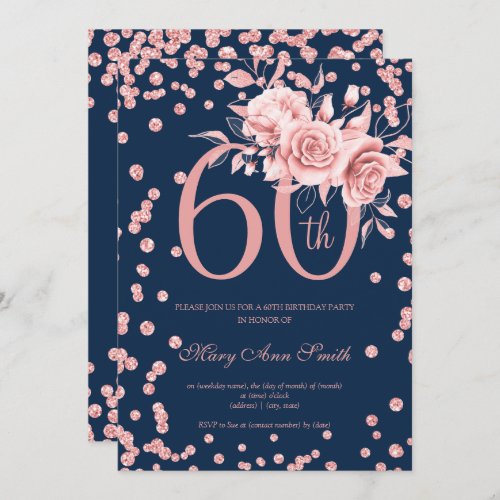 Rose Gold Floral  Confetti 60th Birthday Navy  Invitation