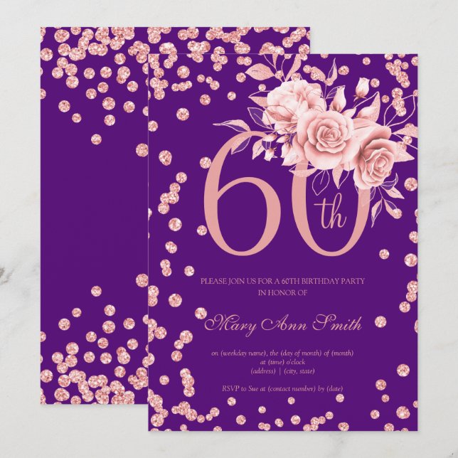Rose Gold Floral & Confetti 60th Birthday Purple  Invitation (Front/Back)