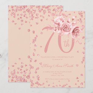 Rose Gold Floral & Confetti 70th Birthday Blush  Invitation