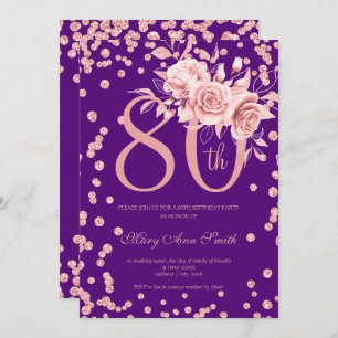 Rose Gold Floral & Confetti 80th Birthday Purple Invitation