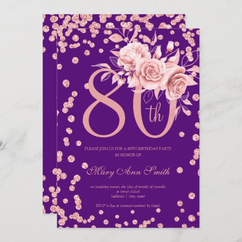 Rose Gold Floral  Confetti 80th Birthday Purple  Invitation