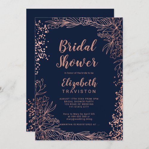 Rose gold floral confetti navy blue bridal shower invitation