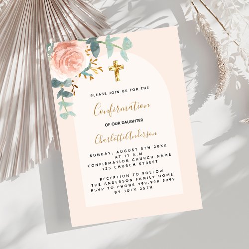 Rose gold floral cross girl luxury Confirmation Invitation