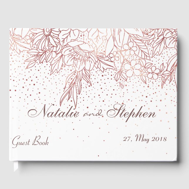 Rose gold floral doodles confetti wedding guest book (Front)