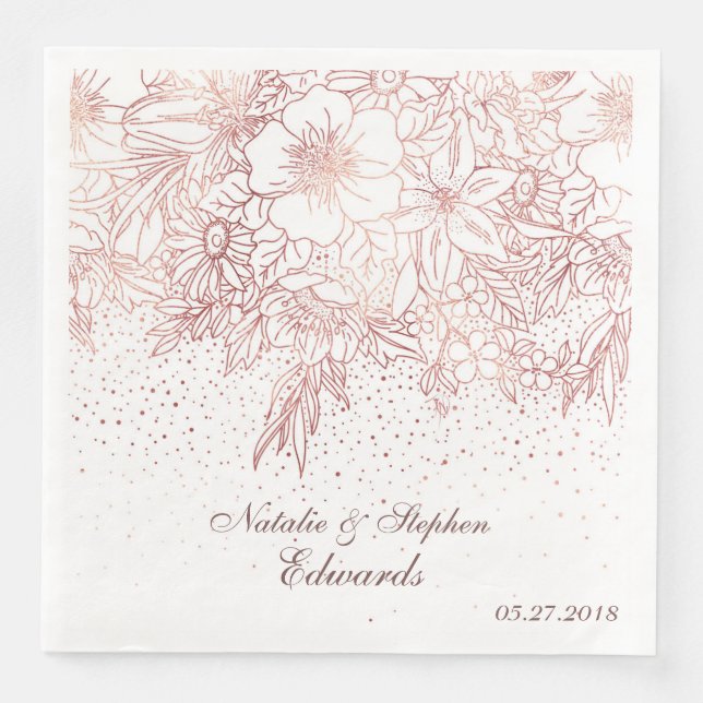 Rose gold floral doodles confetti wedding paper dinner napkins (Front)