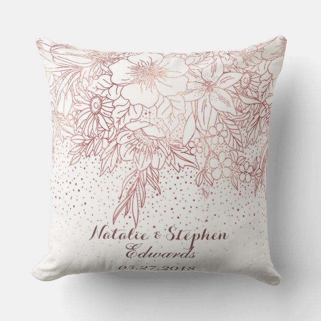Rose gold floral doodles confetti wedding throw pillow (Front)