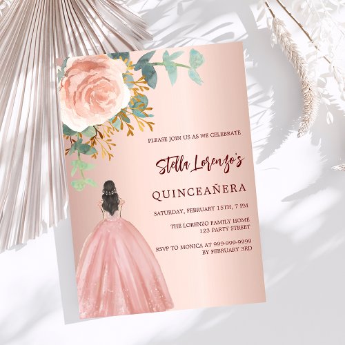 Rose gold floral dress Quinceanera luxury Invitation
