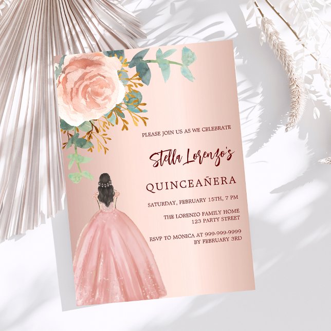 Rose gold floral dress Quinceanera luxury Invitation (Creator Uploaded)