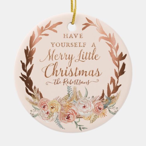 Rose Gold Floral Elegant Christmas Blush Glitter Ceramic Ornament