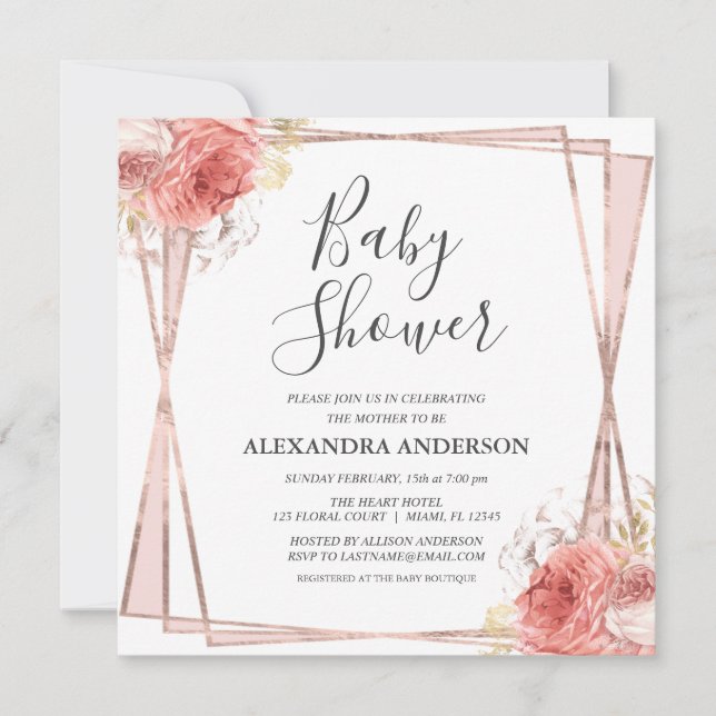 Rose Gold Floral Elegant Modern Baby Shower Invitation (Front)