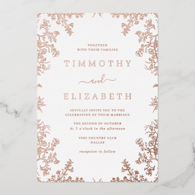 Rose Gold Floral Elegant Wedding Foil Invitation (Front)