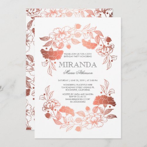 Rose Gold Floral Elegant White Birthday Party Invitation - Floral wreath - rose gold peonies elegant vintage and white birthday party invitations.