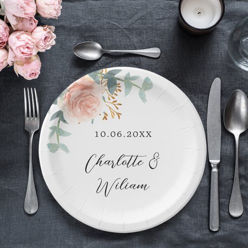 Rose gold floral eucalyptus elegant wedding paper plates