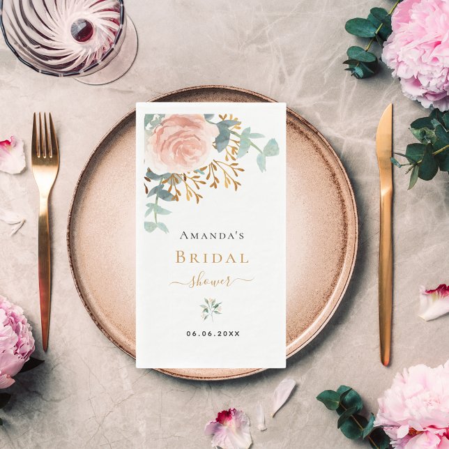 Rose gold floral eucalyptus greenery bridal shower paper guest towels (Creator Uploaded)