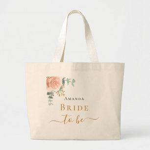 Rose gold floral eucalyptus greenery Bride to be Large Tote Bag