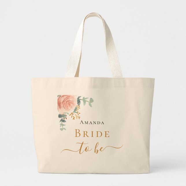 Rose gold floral eucalyptus greenery Bride to be Large Tote Bag (Front)