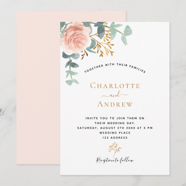 Rose gold floral eucalyptus greenery pink wedding invitation (Front/Back)