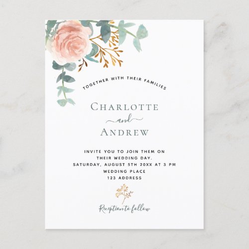 Rose gold floral eucalyptus greenery pink wedding postcard