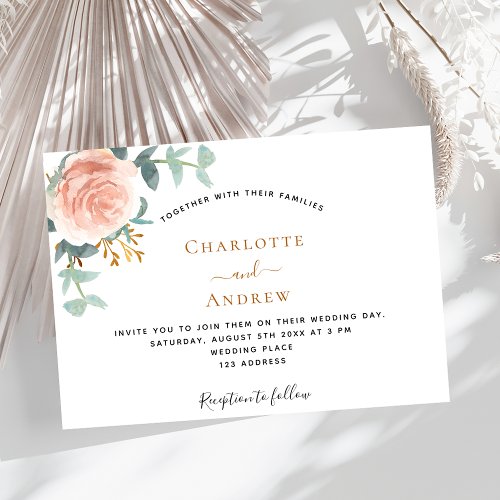 Rose gold floral eucalyptus greenery wedding invitation