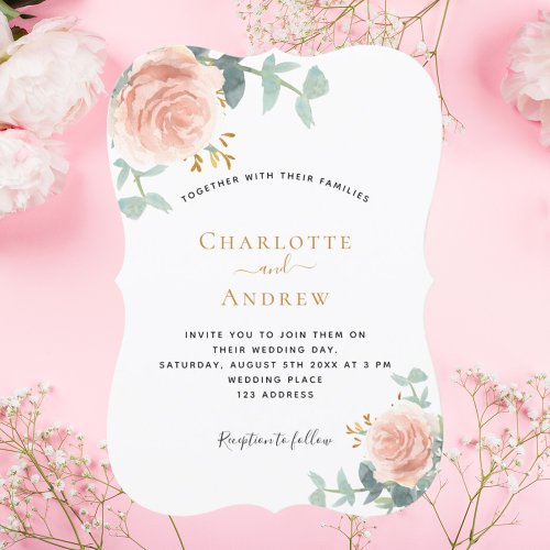 Rose gold floral eucalyptus greenery wedding invitation