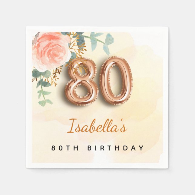 Rose gold floral eucalyptus name 80th birthday napkins (Front)