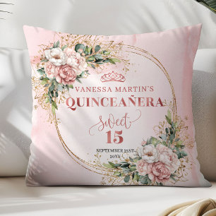 Rose Gold Floral Eucalyptus Quinceañera Gift Throw Pillow