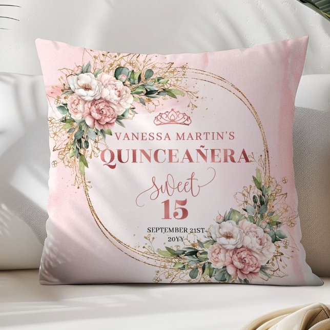Rose Gold Floral Eucalyptus Quinceañera Gift Throw Pillow (Rose Gold Floral Eucalyptus Quinceañera Pillow Gift)
