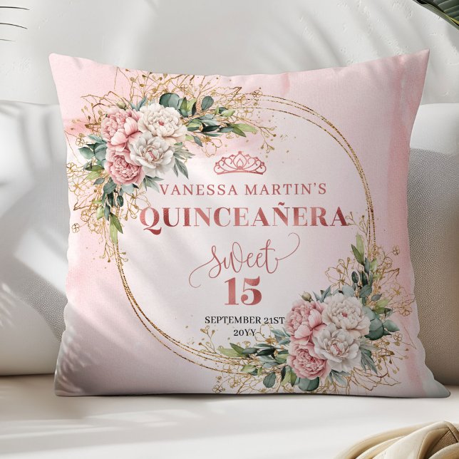 Rose Gold Floral Eucalyptus Quinceañera Gift Throw Pillow (Rose Gold Floral Eucalyptus Quinceañera Pillow Gift)