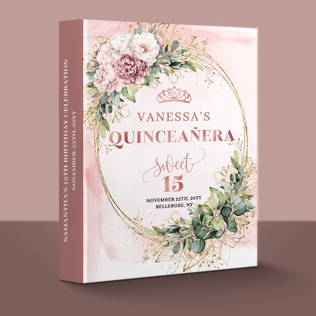 Rose Gold Floral Eucalyptus Quinceañera Memory   3 Ring Binder (Quinceañera Memory Album with Rose Gold Floral Eucalyptus)