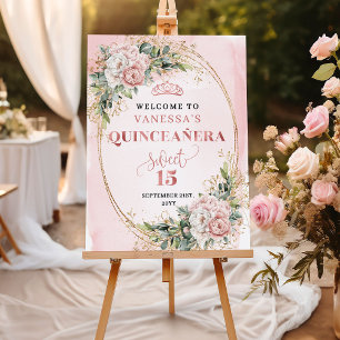 Rose Gold Floral Eucalyptus Sweet 15 Entrance Sign