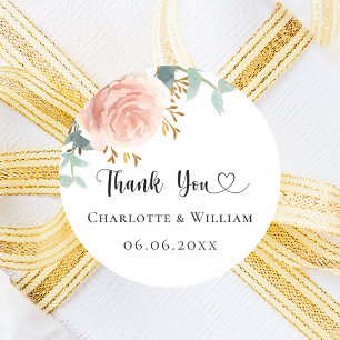 Rose gold floral eucalyptus thank you wedding classic round sticker