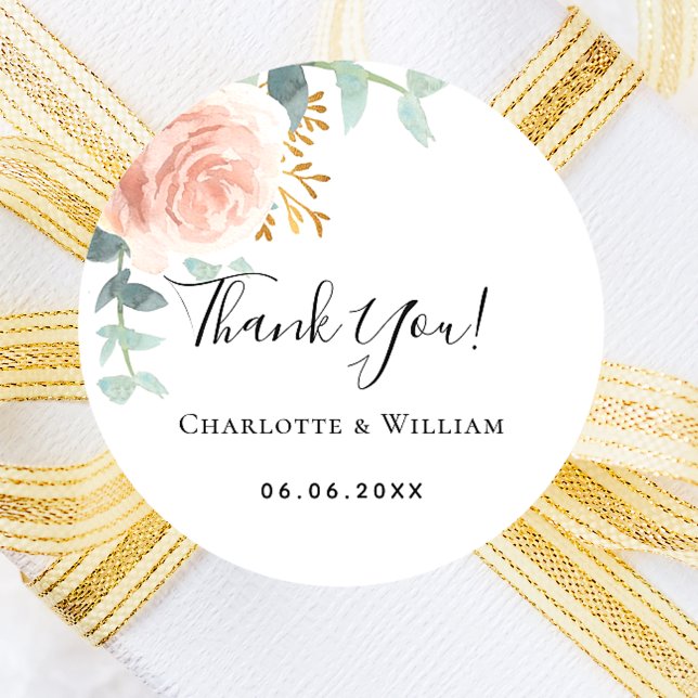 Rose gold floral eucalyptus thank you wedding classic round sticker (Creator Uploaded)